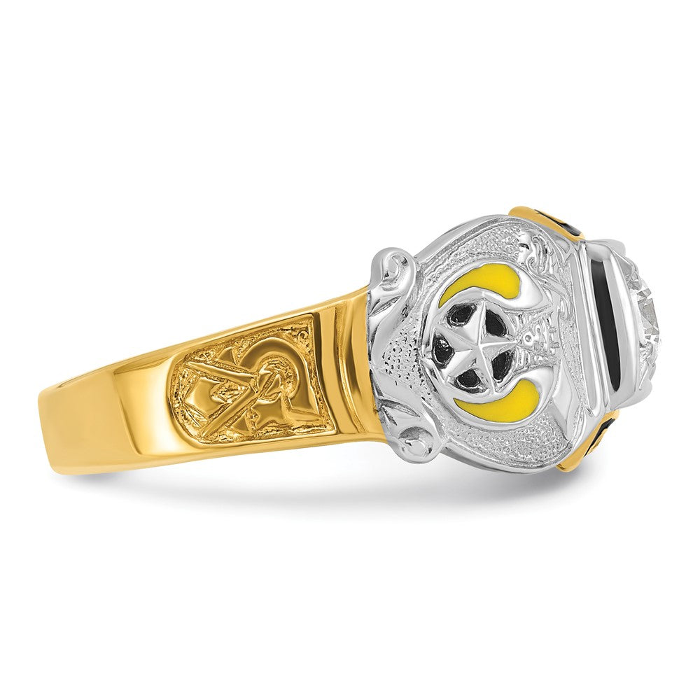 Herren-Siegelring aus 14K Bicolor-Gold, poliert und texturiert, mit mehrfarbigem Emaille, Diamant und Doppeladler-Freimaurer-Shriner-Motiv