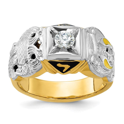 Herren-Siegelring aus 14K Bicolor-Gold, poliert und texturiert, mit mehrfarbigem Emaille, Diamant und Doppeladler-Freimaurer-Shriner-Motiv