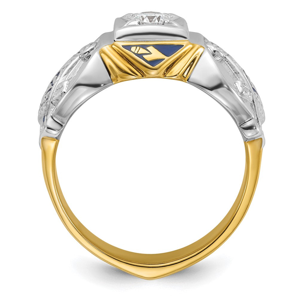 14K Bicolor Gold Herren-Freimaurerring „Blue Lodge Master“ poliert und strukturiert mit blauem Emaille und Diamant