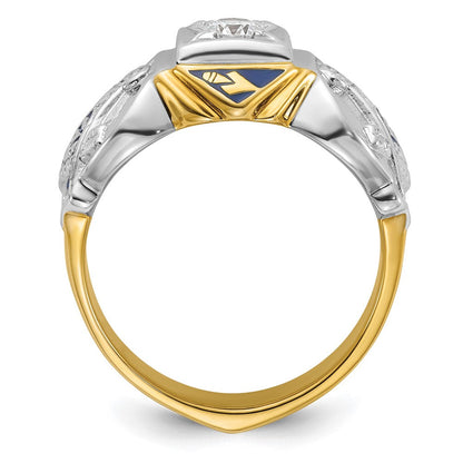 14K Bicolor Gold Herren-Freimaurerring „Blue Lodge Master“ poliert und strukturiert mit blauem Emaille und Diamant