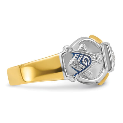 14K Bicolor Gold Herren-Freimaurerring „Blue Lodge Master“ poliert und strukturiert mit blauem Emaille und Diamant