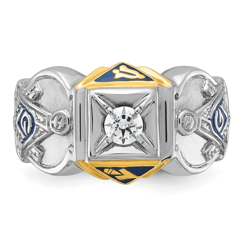 14K Bicolor Gold Herren-Freimaurerring „Blue Lodge Master“ poliert und strukturiert mit blauem Emaille und Diamant
