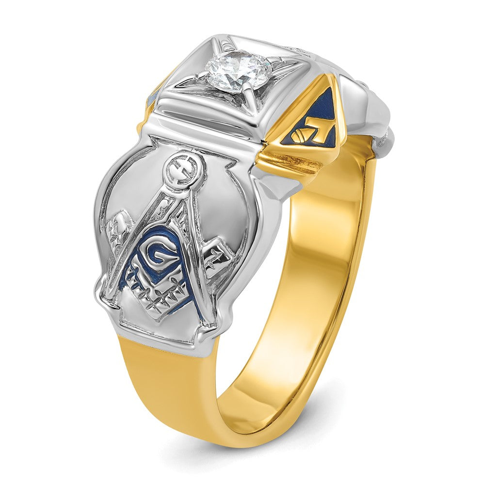 14K Bicolor Gold Herren-Freimaurerring „Blue Lodge Master“ poliert und strukturiert mit blauem Emaille und Diamant