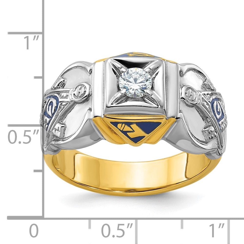 14K Bicolor Gold Herren-Freimaurerring „Blue Lodge Master“ poliert und strukturiert mit blauem Emaille und Diamant