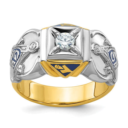 14K Bicolor Gold Herren-Freimaurerring „Blue Lodge Master“ poliert und strukturiert mit blauem Emaille und Diamant