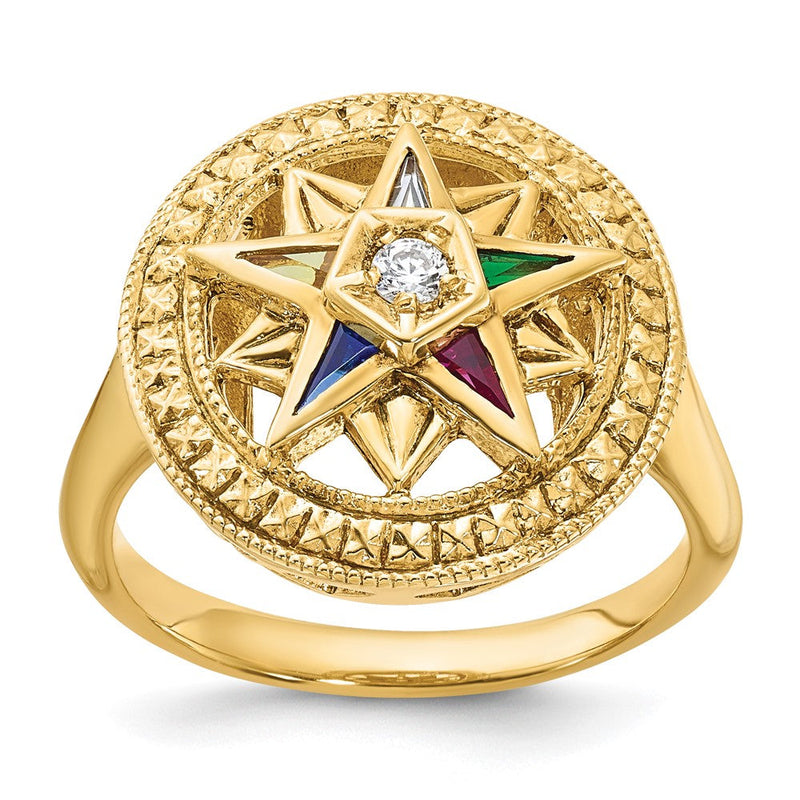 14K Gelbgold Ibgoodman Damen Poliert und Strukturiert mit Mehrfarbig Zirkonia Diamant Eastern Stern Freimaurer Ring