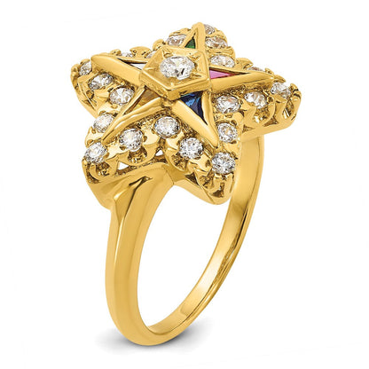 14K Gelbgold Ibgoodman Damen Poliert Mehrfarbig Zirkonia und Aa Qualität Diamant Eastern Stern Freimaurer Ring