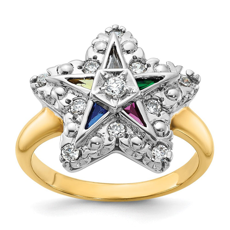 14K Bicolor Ibgoodman Damen Poliert und Gekugelt mit Mehrfarbig Zirkonia Diamant Eastern Stern Freimaurer Ring