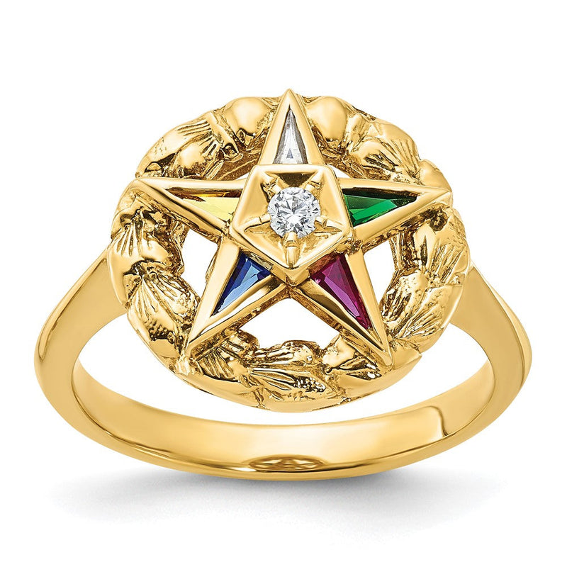 14K Gelbgold Ibgoodman Damen Poliert und Strukturiert mit Mehrfarbig Zirkonia Diamant Eastern Stern Freimaurer Ring