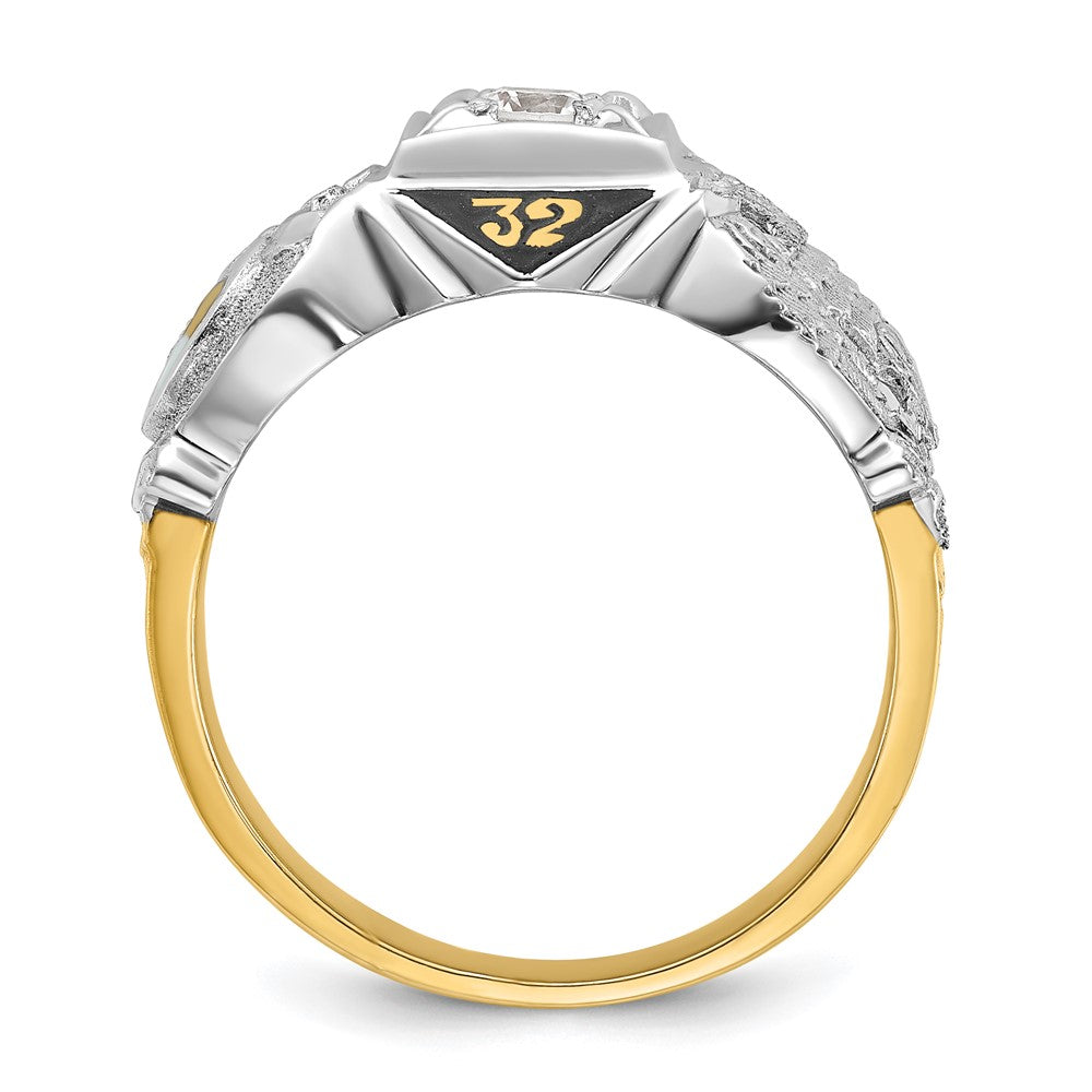 14K Bicolor-Gold Herren-Siegelring "Doppeladler" Freimaurer Shriner, poliert und texturiert, mit schwarzer Emaille und Diamant