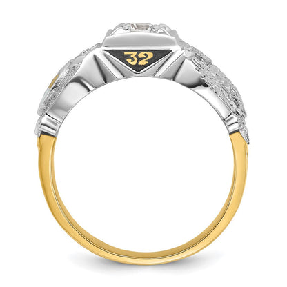 14K Bicolor-Gold Herren-Siegelring "Doppeladler" Freimaurer Shriner, poliert und texturiert, mit schwarzer Emaille und Diamant