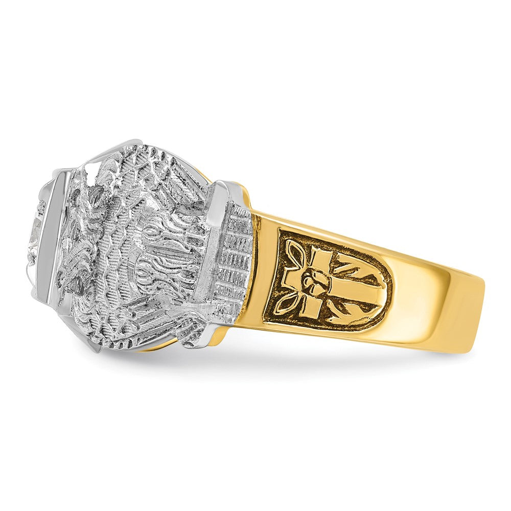 14K Bicolor-Gold Herren-Siegelring "Doppeladler" Freimaurer Shriner, poliert und texturiert, mit schwarzer Emaille und Diamant
