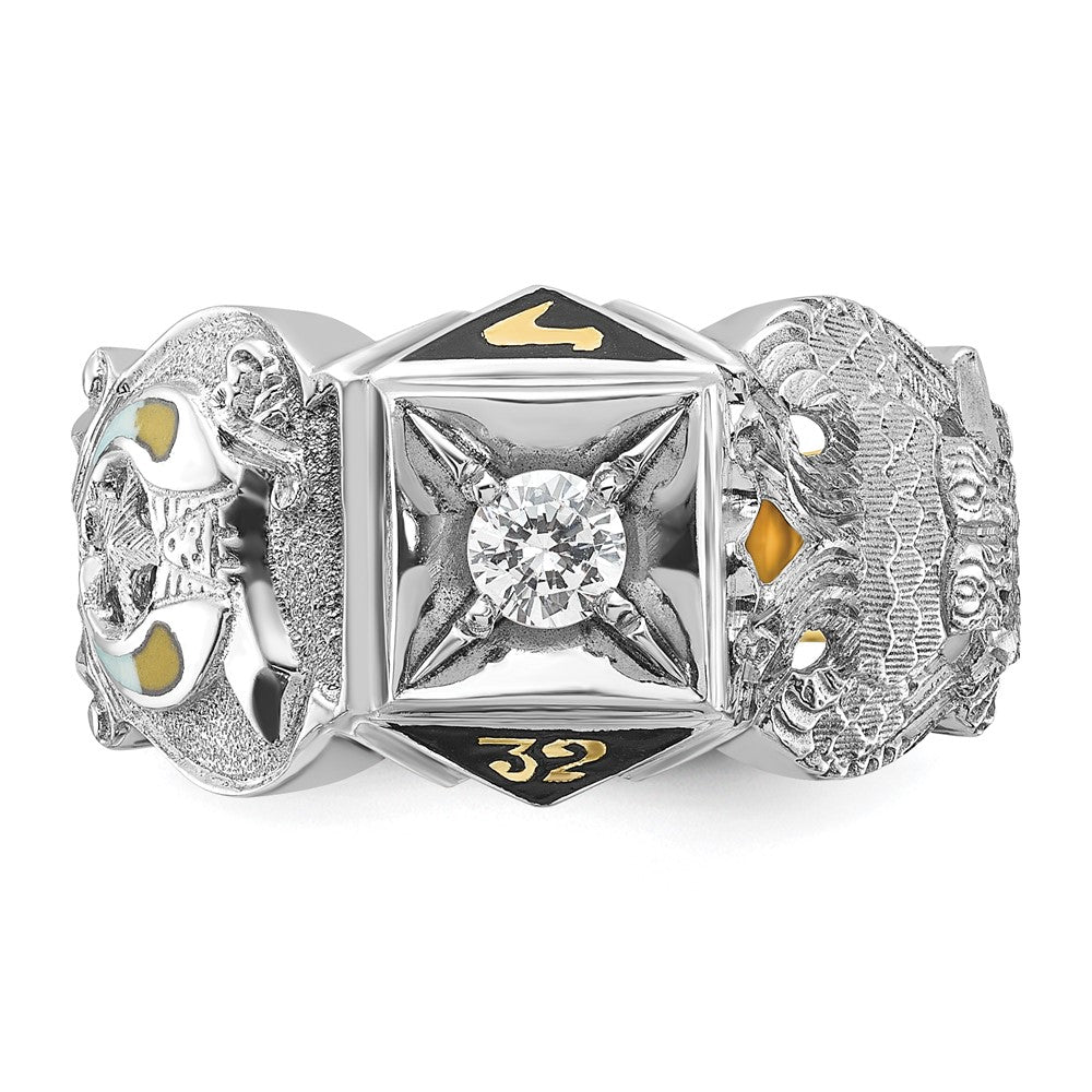 14K Bicolor-Gold Herren-Siegelring "Doppeladler" Freimaurer Shriner, poliert und texturiert, mit schwarzer Emaille und Diamant