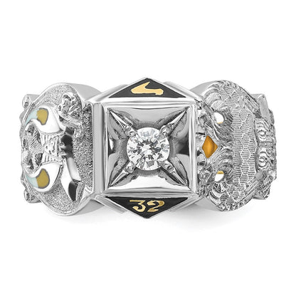 14K Bicolor-Gold Herren-Siegelring "Doppeladler" Freimaurer Shriner, poliert und texturiert, mit schwarzer Emaille und Diamant