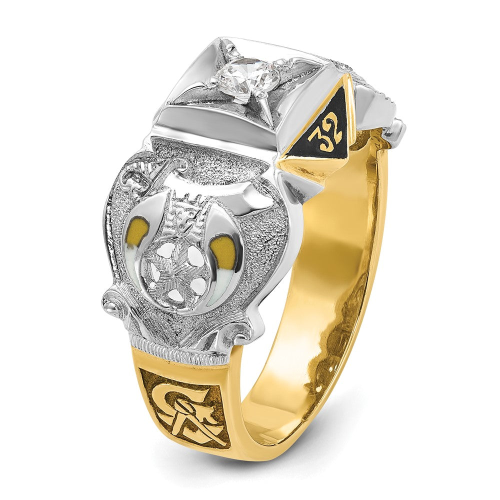 14K Bicolor-Gold Herren-Siegelring "Doppeladler" Freimaurer Shriner, poliert und texturiert, mit schwarzer Emaille und Diamant
