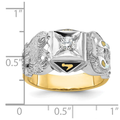 14K Bicolor-Gold Herren-Siegelring "Doppeladler" Freimaurer Shriner, poliert und texturiert, mit schwarzer Emaille und Diamant