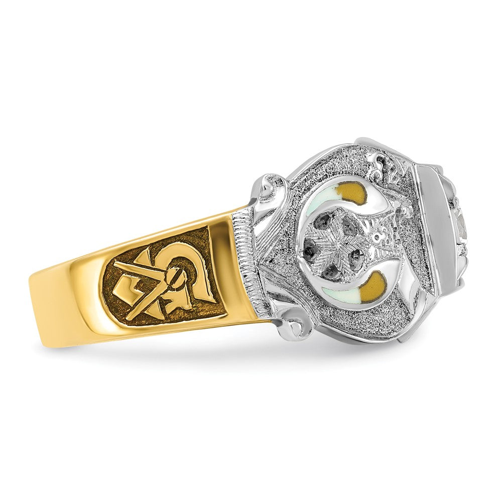 14K Bicolor-Gold Herren-Siegelring "Doppeladler" Freimaurer Shriner, poliert und texturiert, mit schwarzer Emaille und Diamant