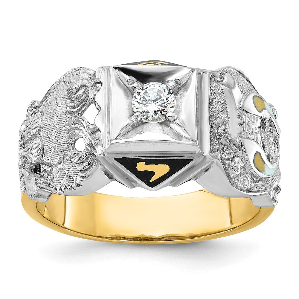 14K Bicolor-Gold Herren-Siegelring "Doppeladler" Freimaurer Shriner, poliert und texturiert, mit schwarzer Emaille und Diamant