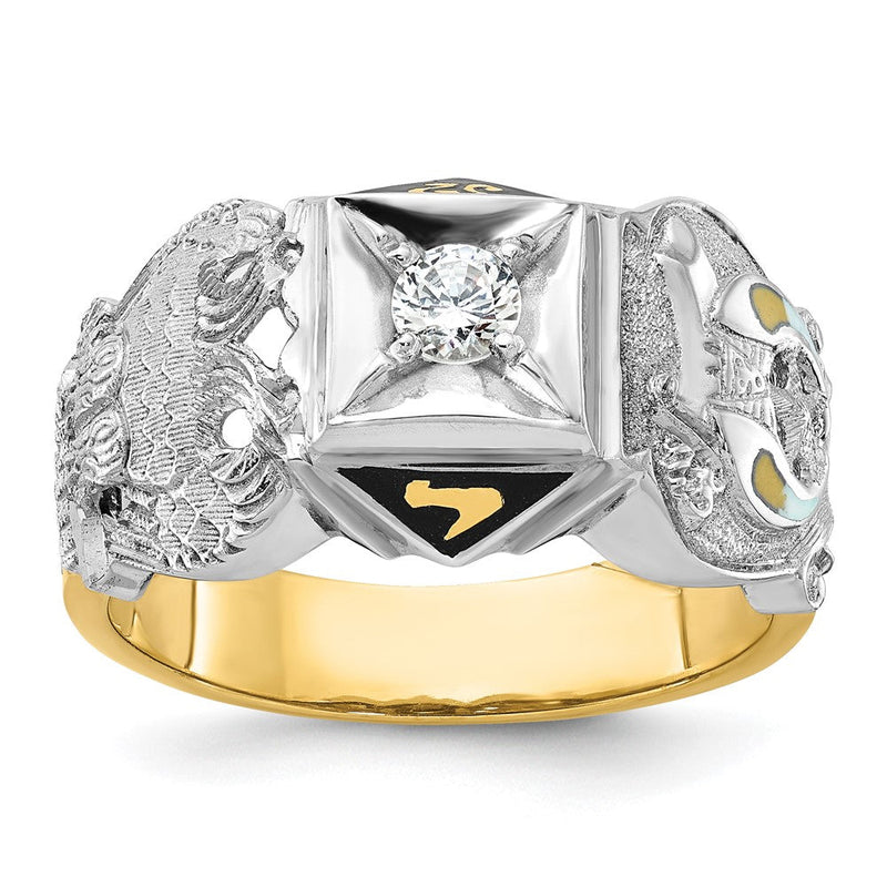 14K Bicolor-Gold Herren-Siegelring "Doppeladler" Freimaurer Shriner, poliert und texturiert, mit schwarzer Emaille und Diamant