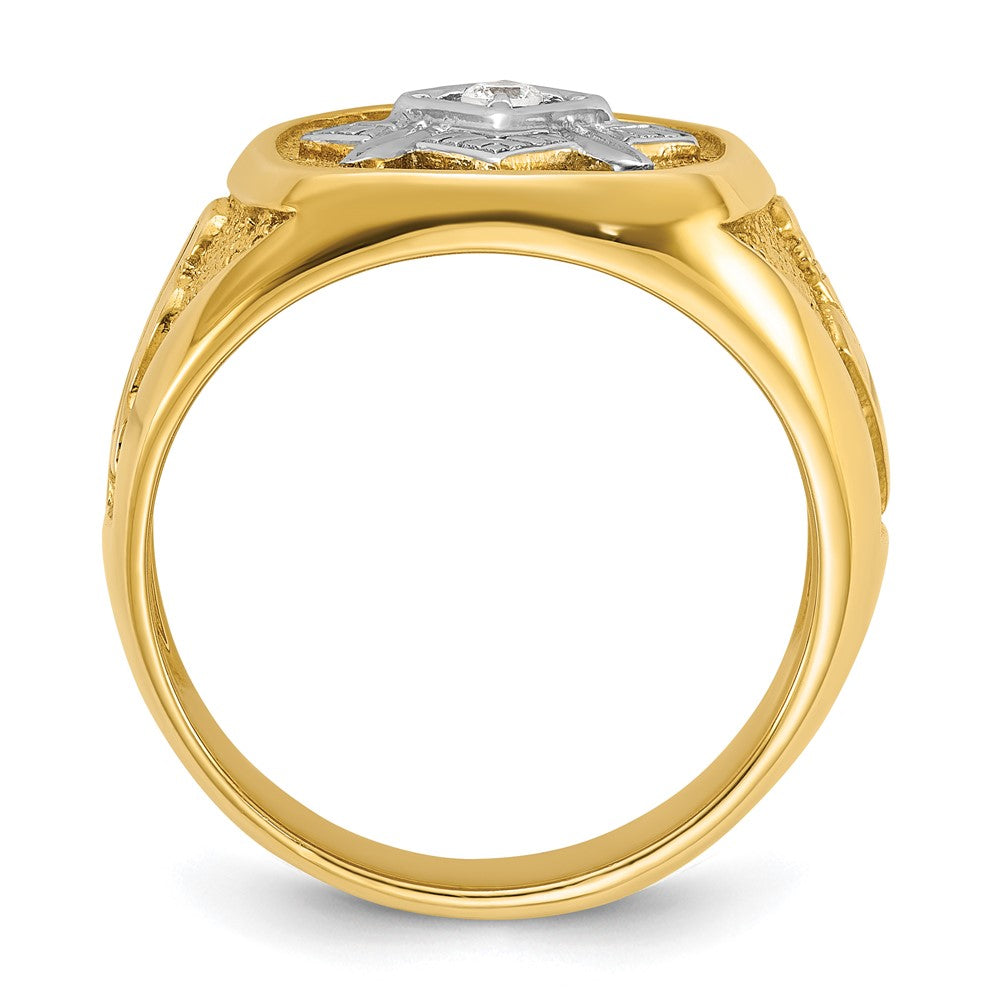 14K Gelb- und Rhodiumgold mit Weißrhodium Herren Diamant-Freimaurerring der Blauen Loge, Meistergrad, poliert und texturiert