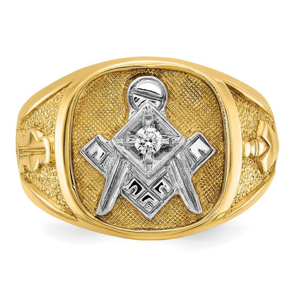14K Gelb- und Rhodiumgold mit Weißrhodium Herren Diamant-Freimaurerring der Blauen Loge, Meistergrad, poliert und texturiert