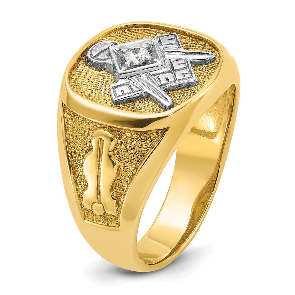 14K Gelb- und Rhodiumgold mit Weißrhodium Herren Diamant-Freimaurerring der Blauen Loge, Meistergrad, poliert und texturiert