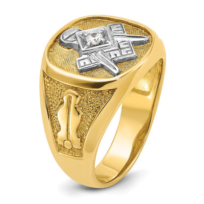 14K Gelb- und Rhodiumgold mit Weißrhodium Herren Diamant-Freimaurerring der Blauen Loge, Meistergrad, poliert und texturiert