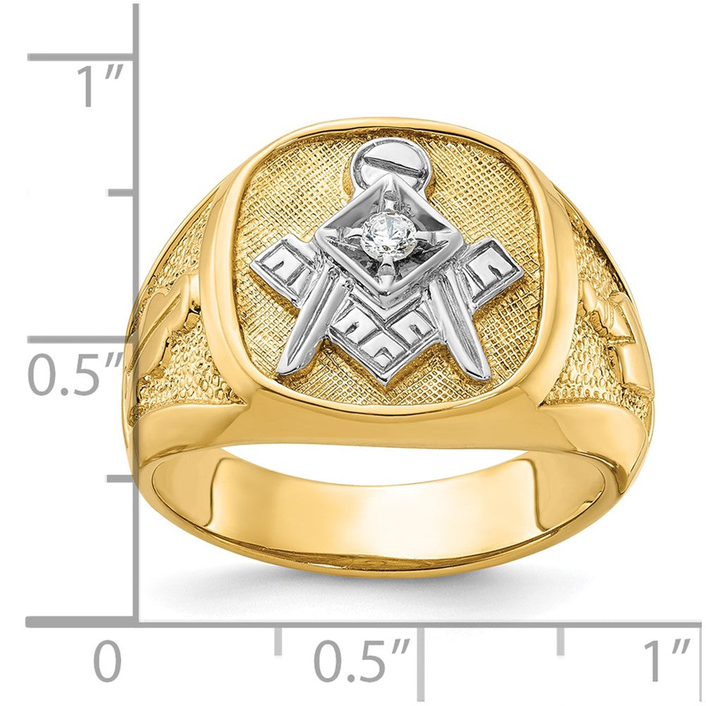 14K Gelb- und Rhodiumgold mit Weißrhodium Herren Diamant-Freimaurerring der Blauen Loge, Meistergrad, poliert und texturiert