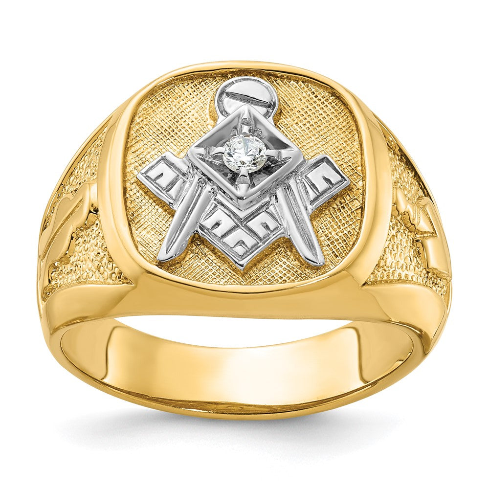 14K Gelb- und Rhodiumgold mit Weißrhodium Herren Diamant-Freimaurerring der Blauen Loge, Meistergrad, poliert und texturiert