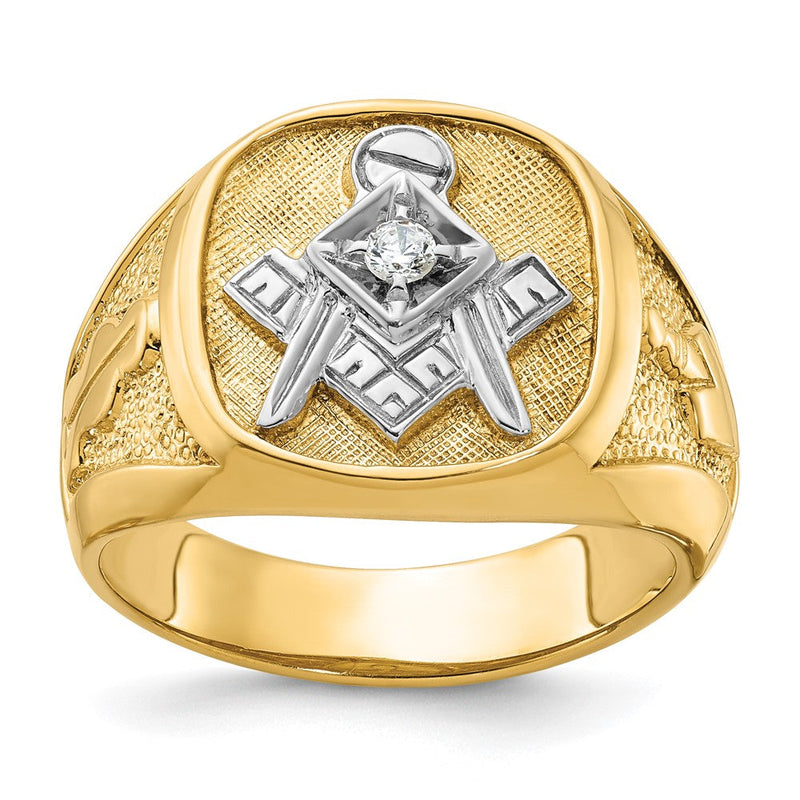 14K Gelb- und Rhodiumgold mit Weißrhodium Herren Diamant-Freimaurerring der Blauen Loge, Meistergrad, poliert und texturiert