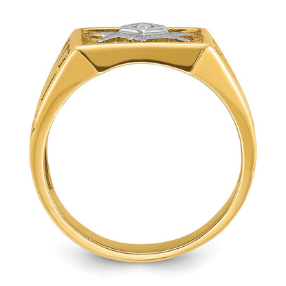 14k Yellow & Rhodium Gold with White Rhodium Men's Polished and Textured Diamant Blue Lodge Master Masonic Ring