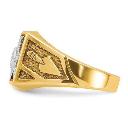 14k Yellow & Rhodium Gold with White Rhodium Men's Polished and Textured Diamant Blue Lodge Master Masonic Ring