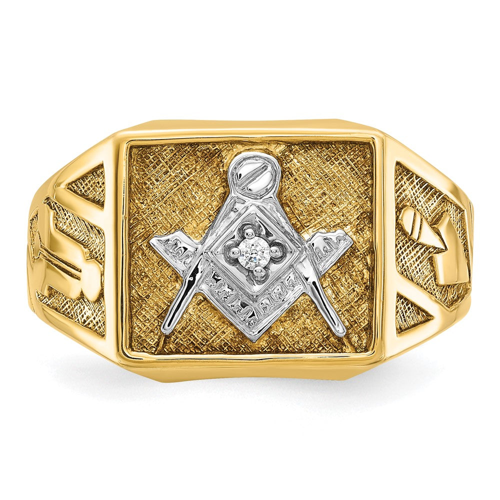14k Yellow & Rhodium Gold with White Rhodium Men's Polished and Textured Diamant Blue Lodge Master Masonic Ring