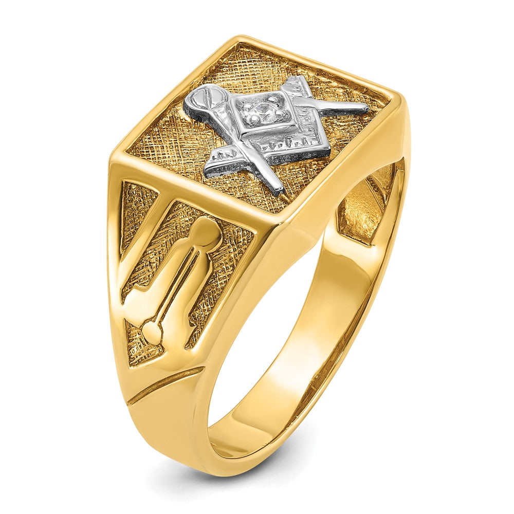 14k Yellow & Rhodium Gold with White Rhodium Men's Polished and Textured Diamant Blue Lodge Master Masonic Ring