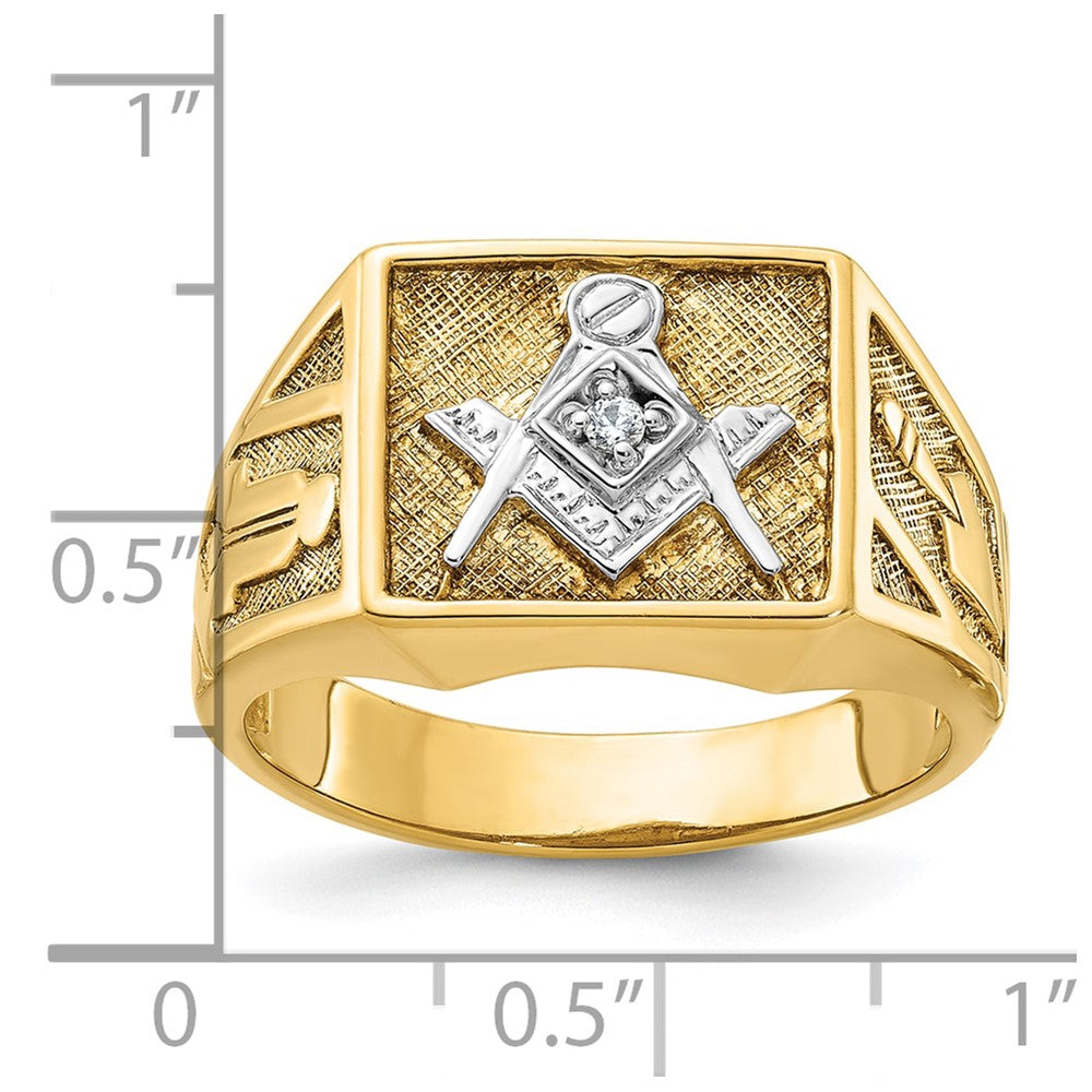 14k Yellow & Rhodium Gold with White Rhodium Men's Polished and Textured Diamant Blue Lodge Master Masonic Ring