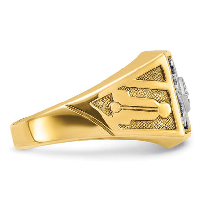 14k Yellow & Rhodium Gold with White Rhodium Men's Polished and Textured Diamant Blue Lodge Master Masonic Ring
