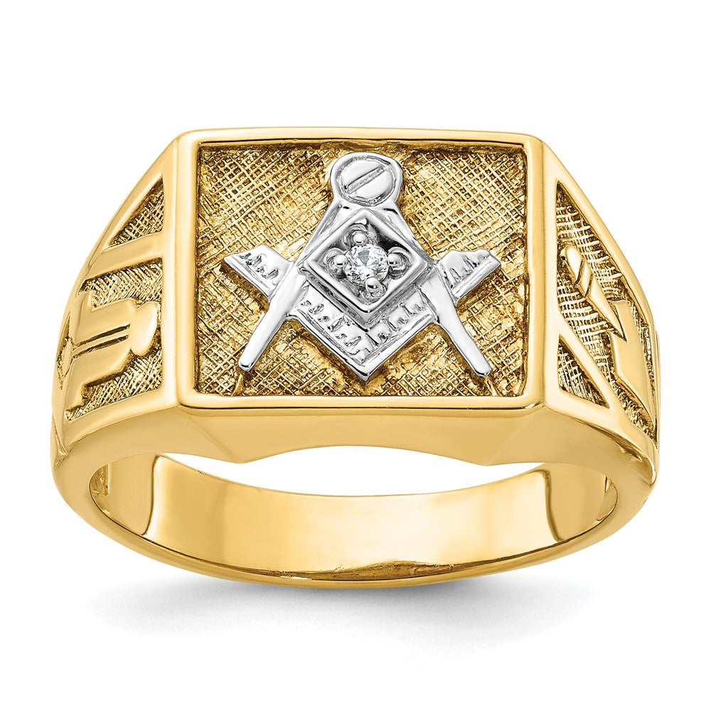 14k Yellow & Rhodium Gold with White Rhodium Men's Polished and Textured Diamant Blue Lodge Master Masonic Ring