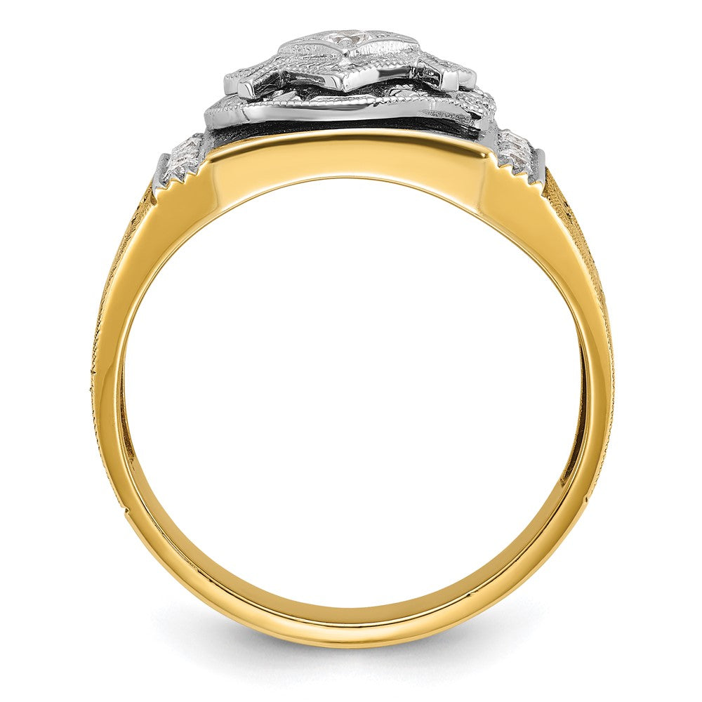14K Zweifarbiger Gold Herren-Ring, poliert und texturiert, mit blauer und schwarzer Emaille und Diamant, Blue Lodge Master Freimaurer-Siegelring