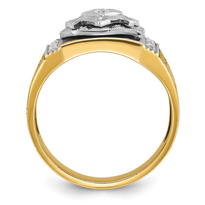 14K Zweifarbiger Gold Herren-Ring, poliert und texturiert, mit blauer und schwarzer Emaille und Diamant, Blue Lodge Master Freimaurer-Siegelring
