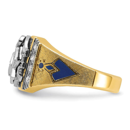 14K Zweifarbiger Gold Herren-Ring, poliert und texturiert, mit blauer und schwarzer Emaille und Diamant, Blue Lodge Master Freimaurer-Siegelring