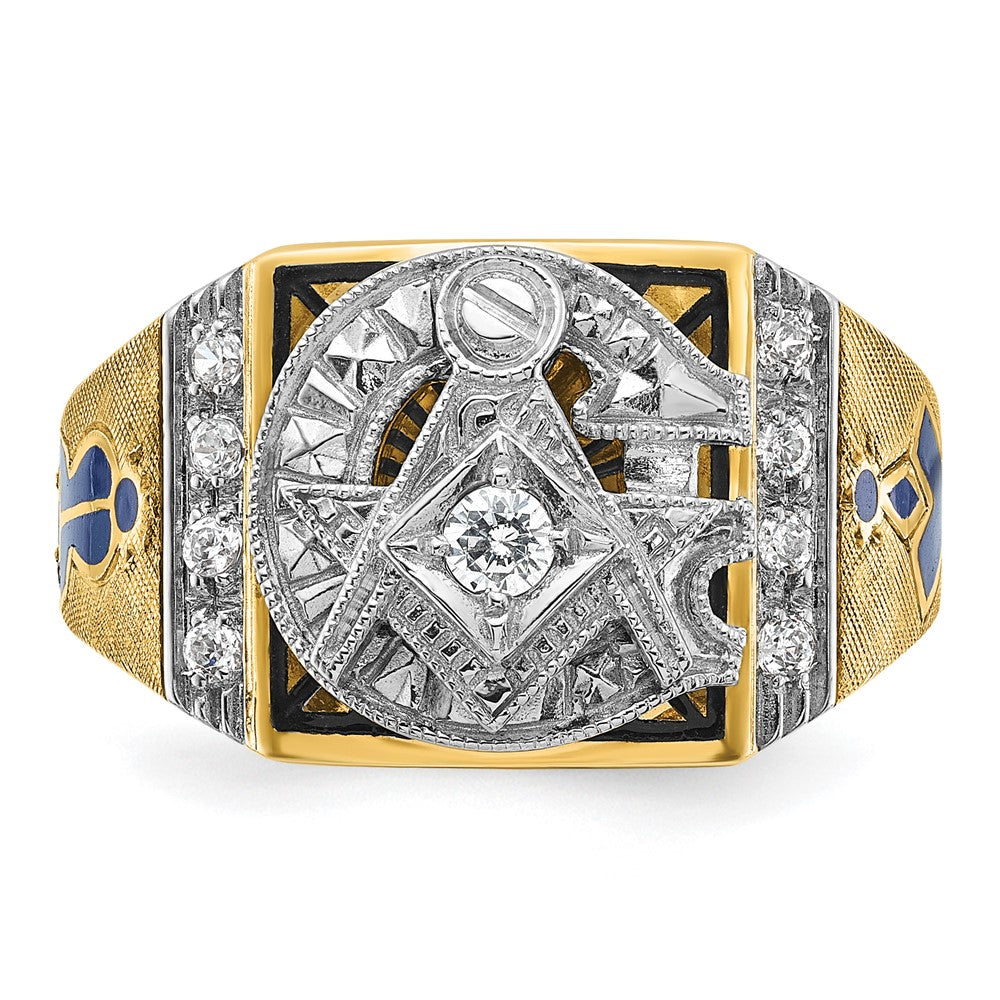 14K Zweifarbiger Gold Herren-Ring, poliert und texturiert, mit blauer und schwarzer Emaille und Diamant, Blue Lodge Master Freimaurer-Siegelring
