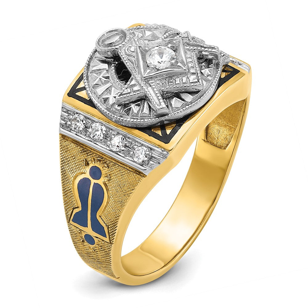 14K Zweifarbiger Gold Herren-Ring, poliert und texturiert, mit blauer und schwarzer Emaille und Diamant, Blue Lodge Master Freimaurer-Siegelring
