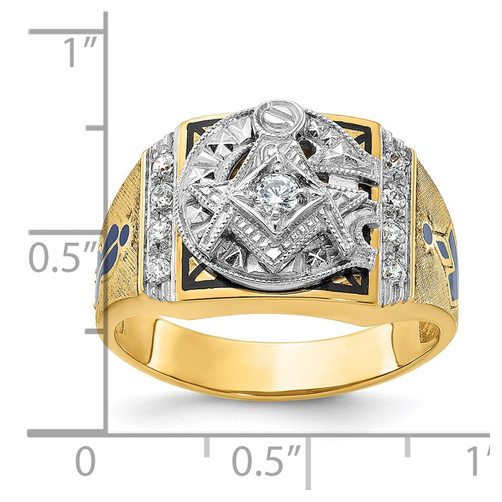 14K Zweifarbiger Gold Herren-Ring, poliert und texturiert, mit blauer und schwarzer Emaille und Diamant, Blue Lodge Master Freimaurer-Siegelring