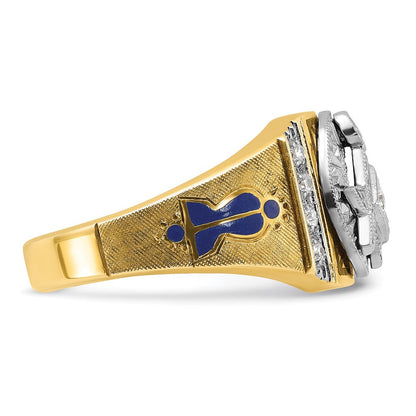 14K Zweifarbiger Gold Herren-Ring, poliert und texturiert, mit blauer und schwarzer Emaille und Diamant, Blue Lodge Master Freimaurer-Siegelring