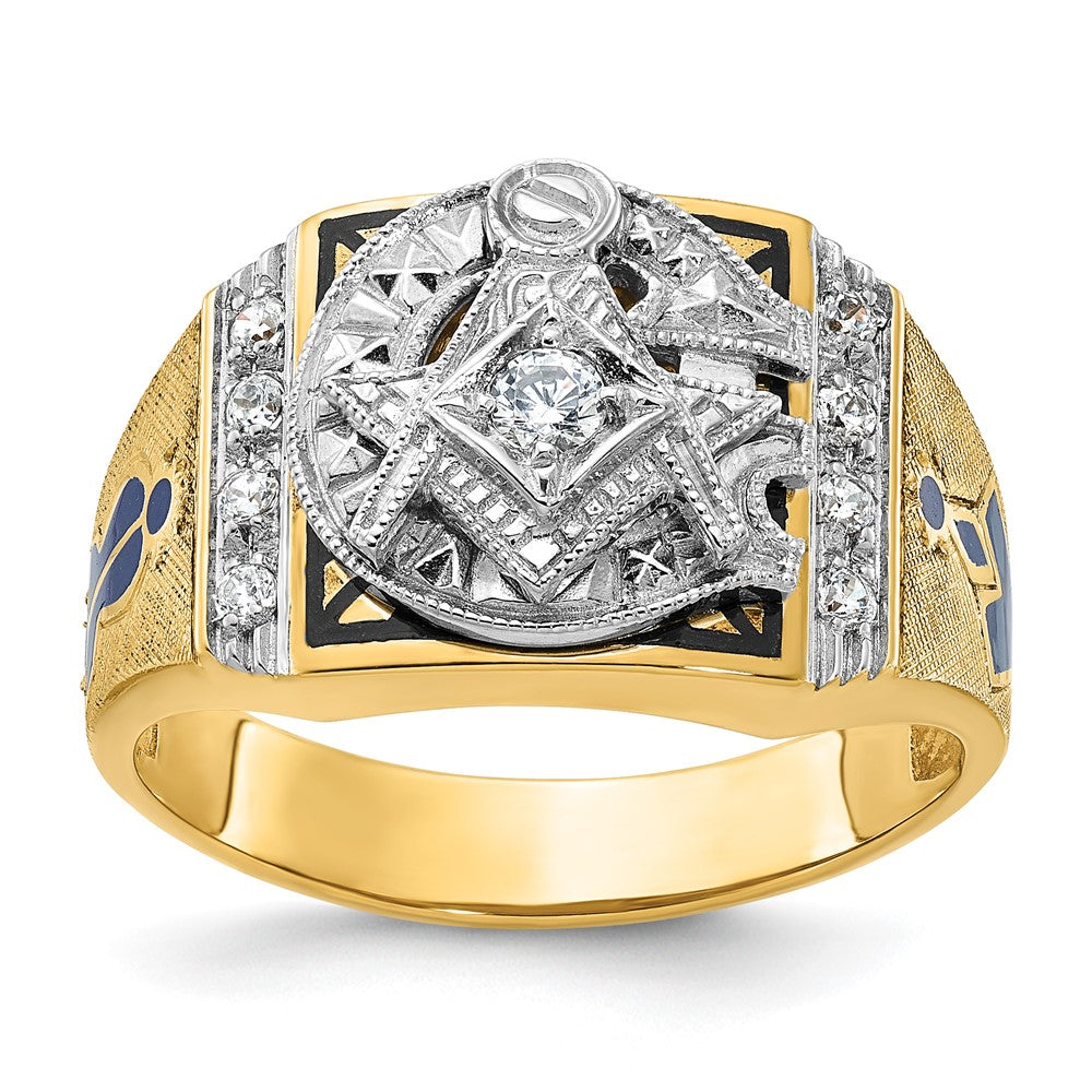 14K Zweifarbiger Gold Herren-Ring, poliert und texturiert, mit blauer und schwarzer Emaille und Diamant, Blue Lodge Master Freimaurer-Siegelring
