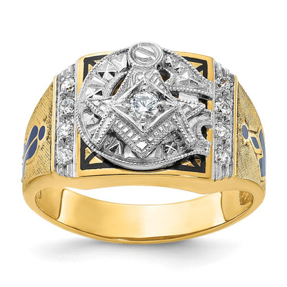 14K Zweifarbiger Gold Herren-Ring, poliert und texturiert, mit blauer und schwarzer Emaille und Diamant, Blue Lodge Master Freimaurer-Siegelring