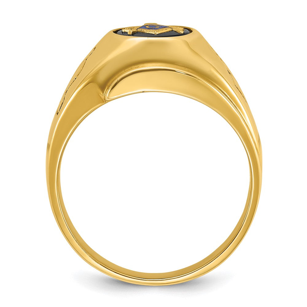 14K Gelbgold Herren-Siegelring poliert und geriffelt mit ovalem Onyx Blue Lodge Master Freimaurer-Ring