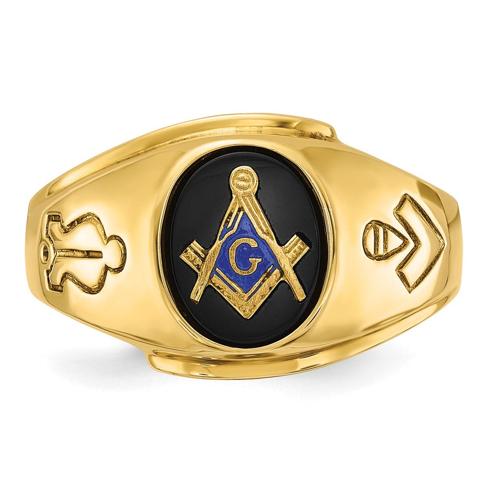 14K Gelbgold Herren-Siegelring poliert und geriffelt mit ovalem Onyx Blue Lodge Master Freimaurer-Ring