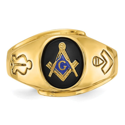 14K Gelbgold Herren-Siegelring poliert und geriffelt mit ovalem Onyx Blue Lodge Master Freimaurer-Ring