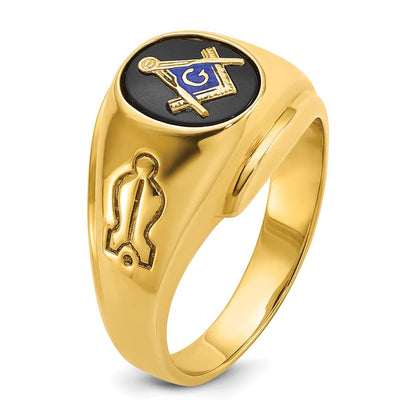 14K Gelbgold Herren-Siegelring poliert und geriffelt mit ovalem Onyx Blue Lodge Master Freimaurer-Ring